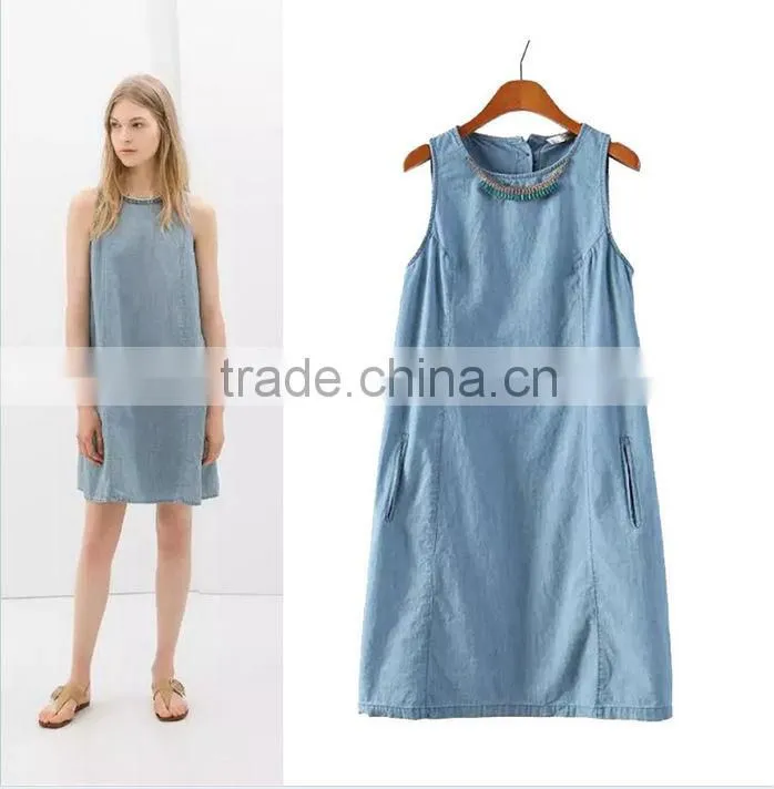 2014 new design Ladies sleeveless denim dress women light bule denim jeans dress