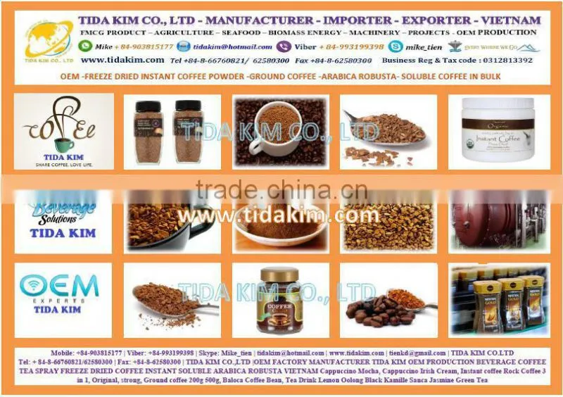 SPRAY DRIED INSTANT COFFEE 100%-FREEZE AGGLOMERATED ARABICA ROBUSTA VIETNAM SOLUBLE COFFEE - ROASTED COFFEE TIDA KIM OEM