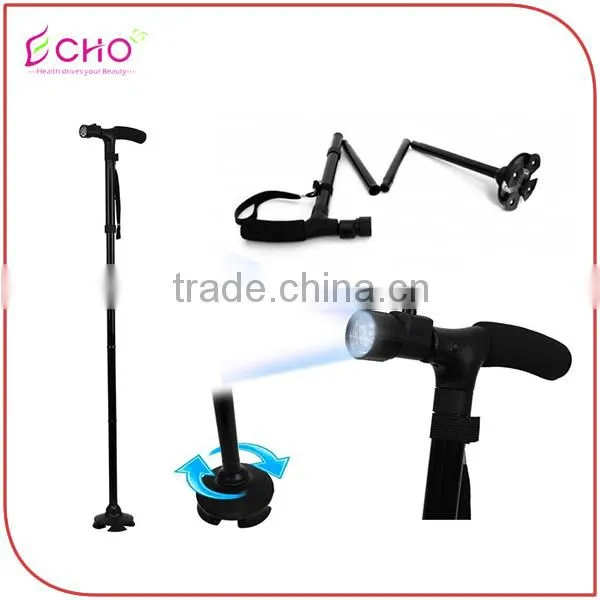 Sturdy Triple Heads Pivoting Base Folding Cane with Build-in Lights for Elder