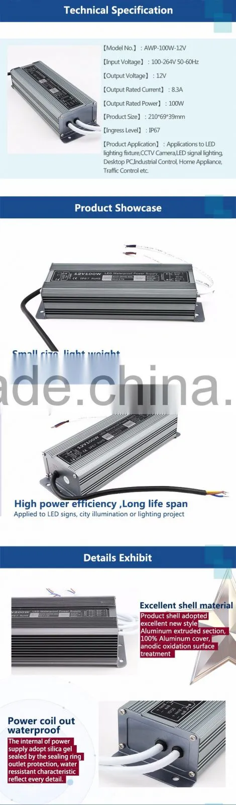 led waterproof power supply 100W 12v 50/60Hz ip67