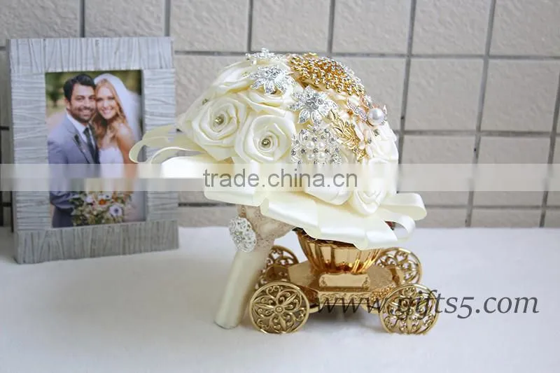 Gold Wedding Bouquet Handmade Flowers Wedding Flowers with Rhinestones