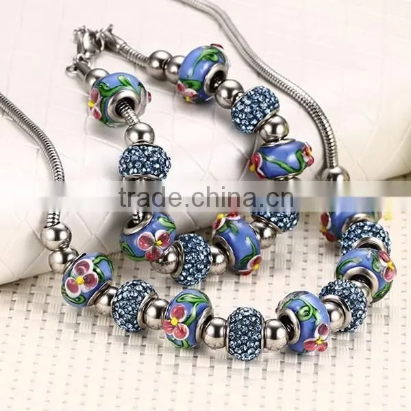 Bohemian Style Flower Pattern Blue Bead Necklace And Bracelet Jewelry Sets