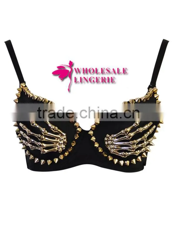 Gothic Punk Spike Bra With Blue Rhinestones