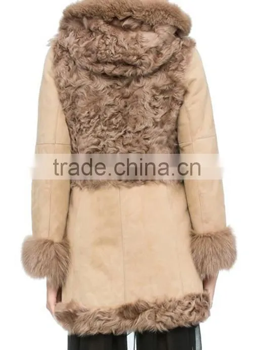 Popular women sheepskin winter hooded coat with fox fur