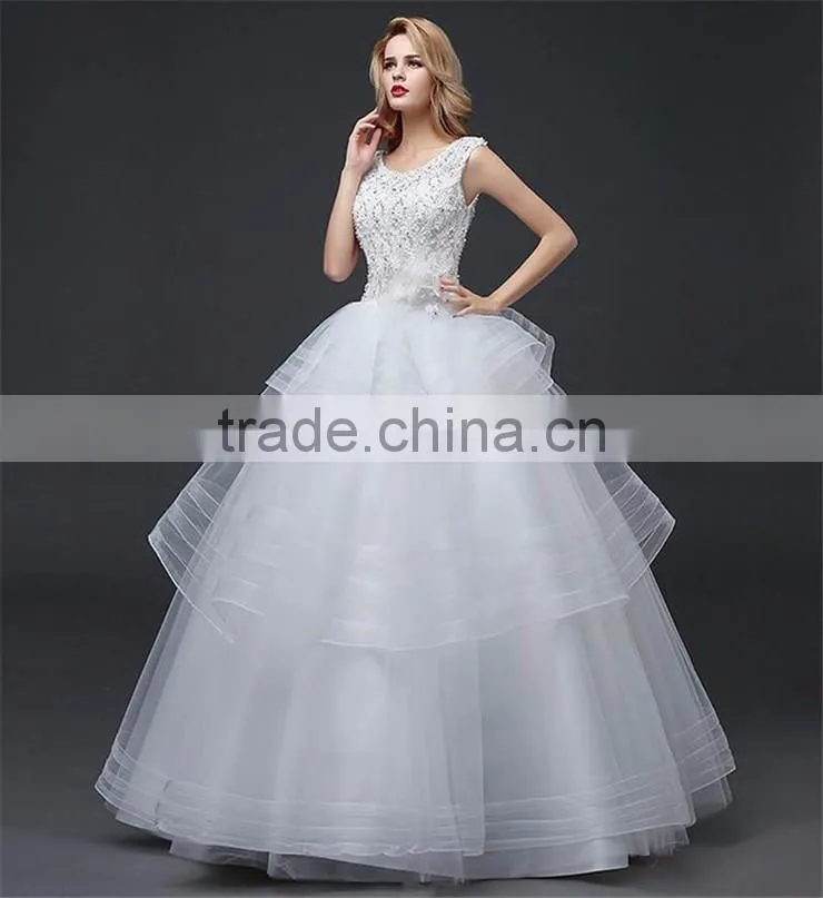 Cream Sleeveless A-line Tiered Wedding Dress Beaded Corchet Cut Out Back Crisscross Bride Grown