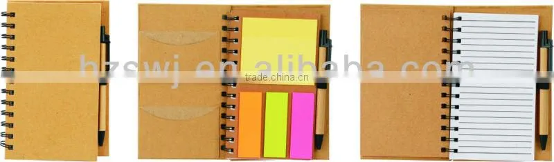 Kraft cover recycled notebook with sticky notes&flags with pinchcock 70grams 40sheets 19.5*11cm