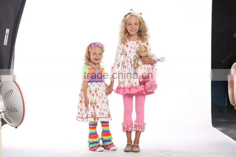 Wholesale girls ruffle sleeve raglan fashion printed icing ruffle raglan shirt and pants girls clothes set