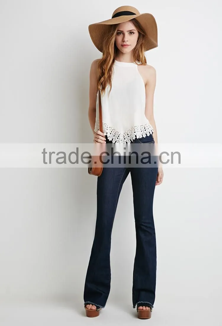 100% polyester fashion women top with lace trim