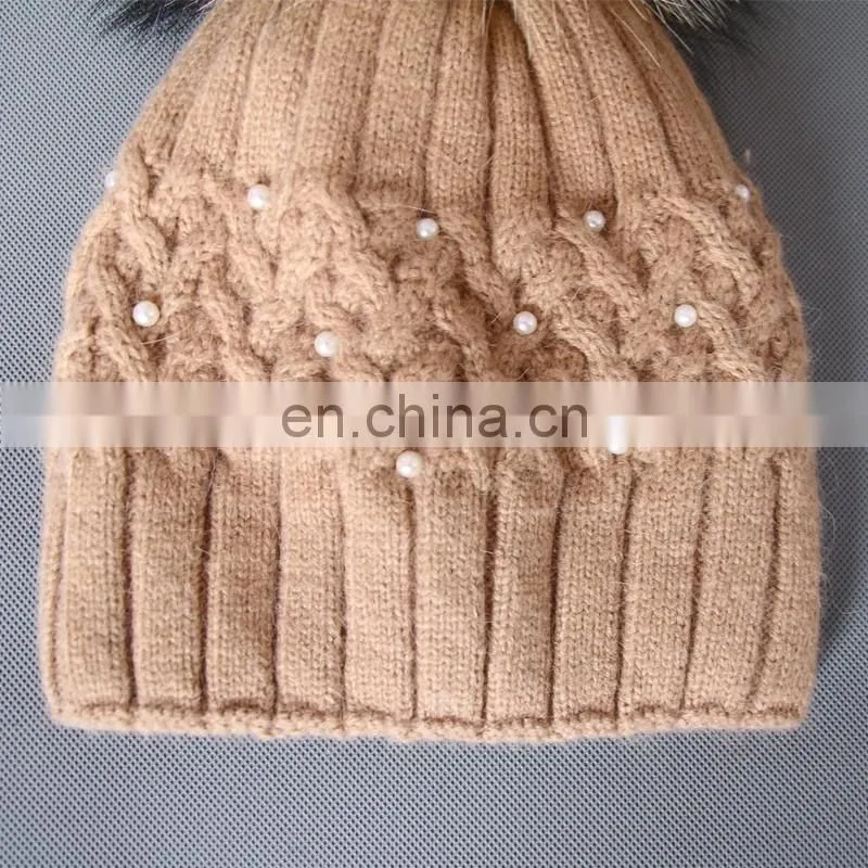 Super natural color raccoon fur pom pom hats with pearls for ladies