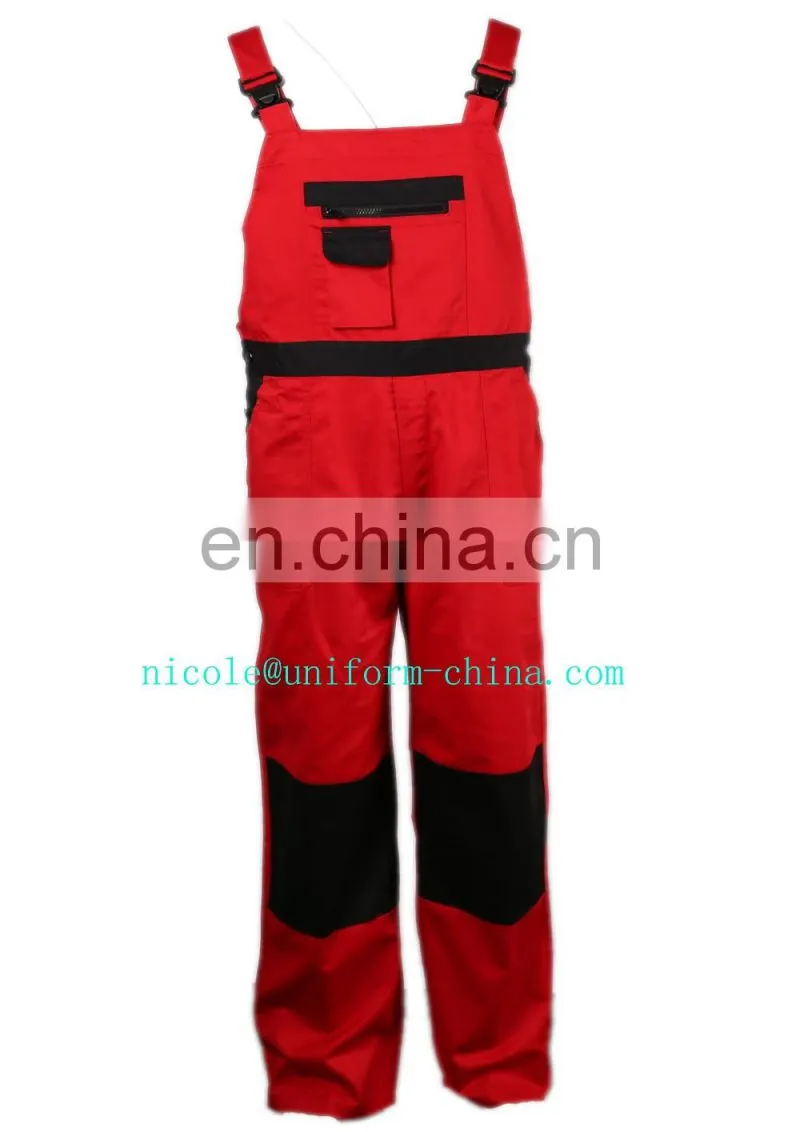 cheap 65%polyester 35%cotton red work bib overalls pants with buckles