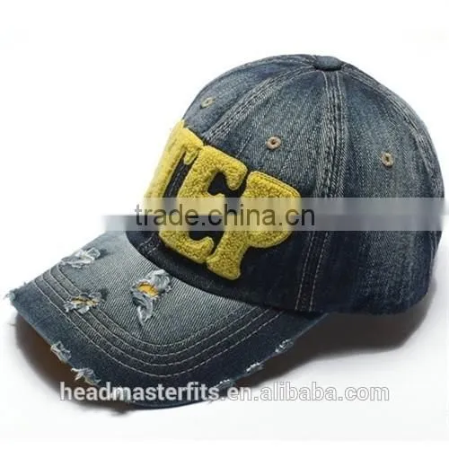 Custom plain broken hole wash denim sport caps for sale distressed baseball caps