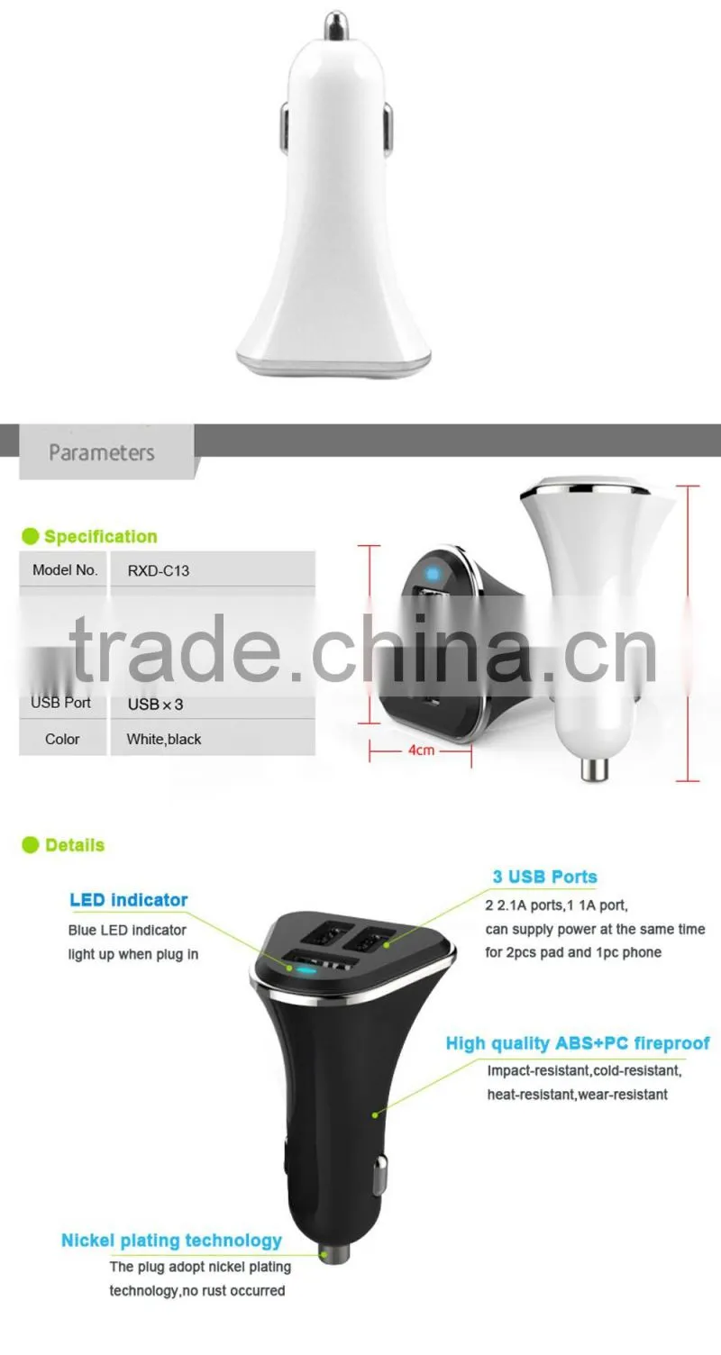 BSCI factory Hot sale mobile phone accessories triple 3 USB ports auto charger cellphone car charger