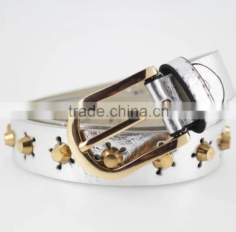 fashion metal studded women jeans belt with shiny PU leather for jeans in yiwu