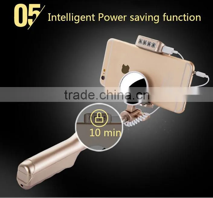 2016 new design Power bank mini monopod selfie stick with flash light and mirror