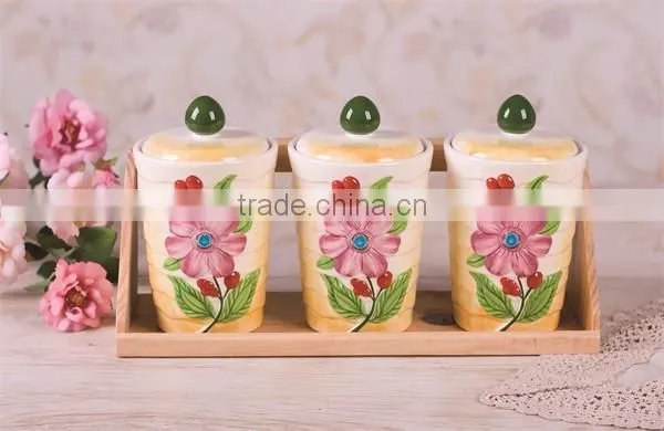 Sunflower Decal Ceramic Tea Coffee Sugar Canisters Set with Bamboo Stand