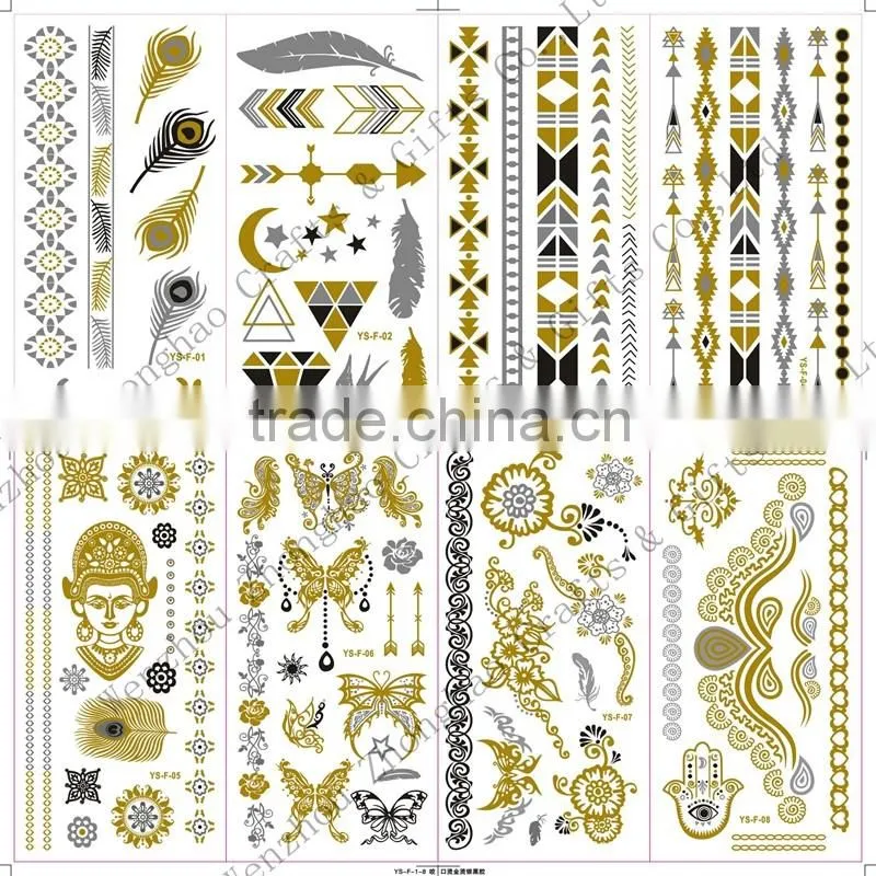 2016 fashionable waterproof metallic temporary hand tattoo sticker