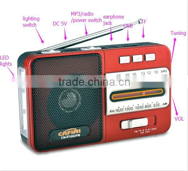 Best price FM portable radio with flash light, cheap FM Radio, AM radio with AUX input