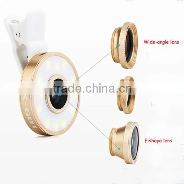 Universal 3 in 1 Smartphone Camera Wide Angle/Marco/Fisheye Lens With Selfie Light