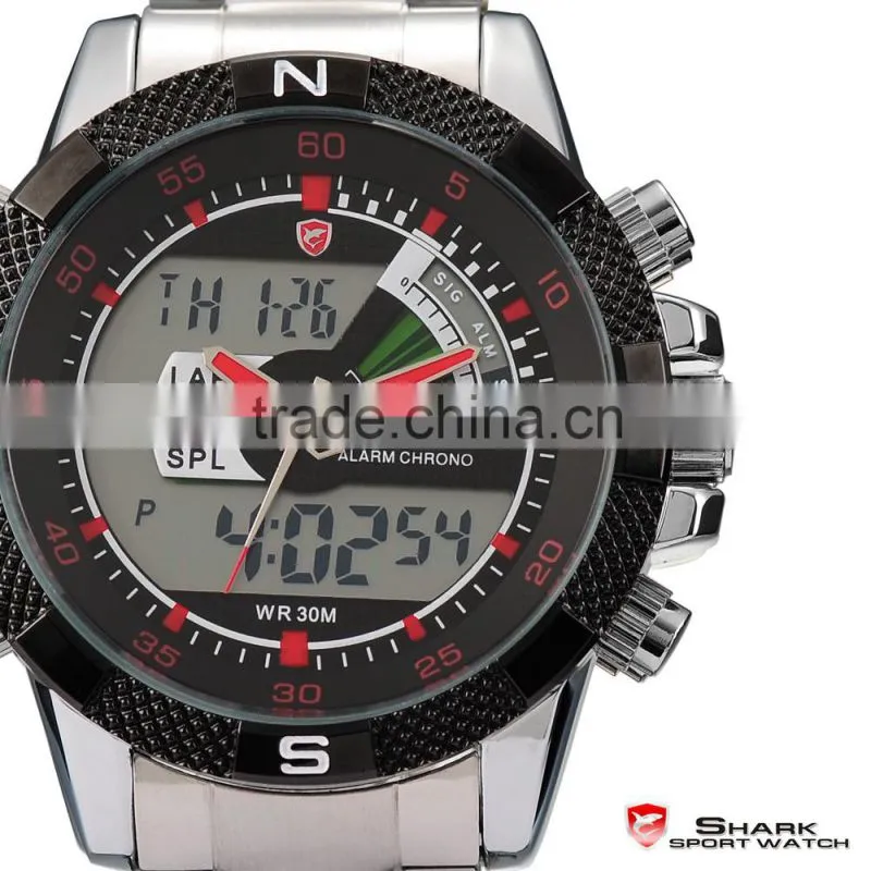 Shark Mens Digital LCD Dual time Quartz Stainless Steel Sport Watch