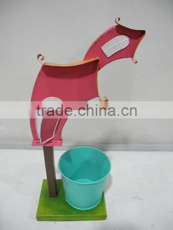 Home and Garden Decorative Planter Box with 2 Metal Pots in house Shape and Window Pane Design