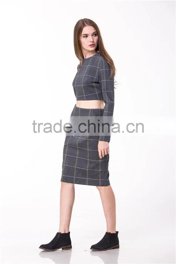 2017 New Arrival Grey Plaid Crop and High Waist Skirt Co-ord Set