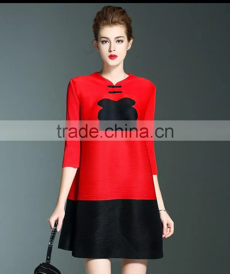 Retro pleat Chinoiserie printed ladies large size dress with two buttons