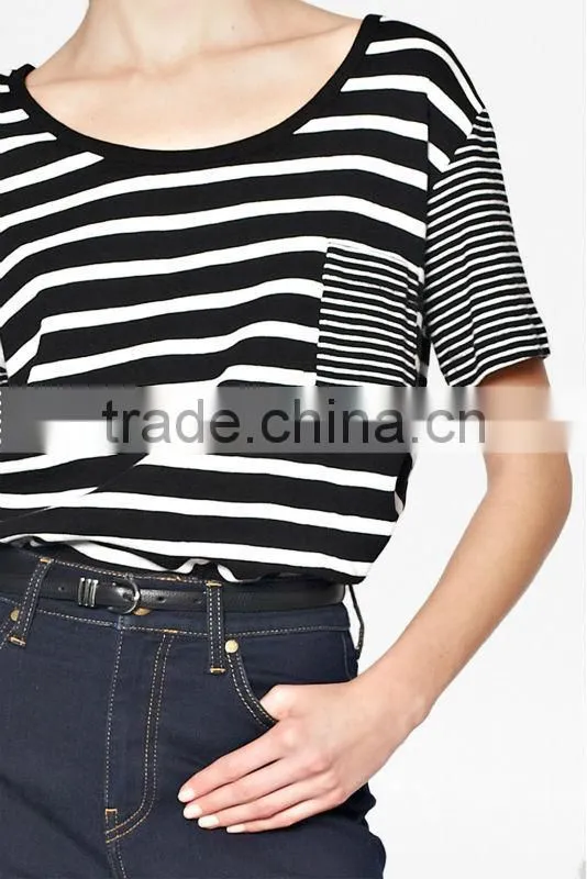 Scoop Neck Short Sleeve Striped T-Shirt with Patched Pocket