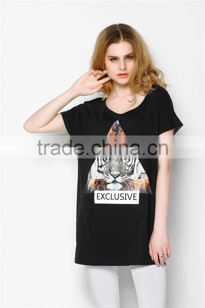 latest summer fashion long style tiger pattern print women t shirts cheap, cotton t shirts with transparent back