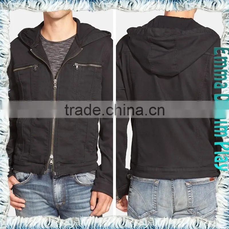 2016 Wholesale Autumn Fashion Men Zipper Soild Black Denim Jackets with Hooded