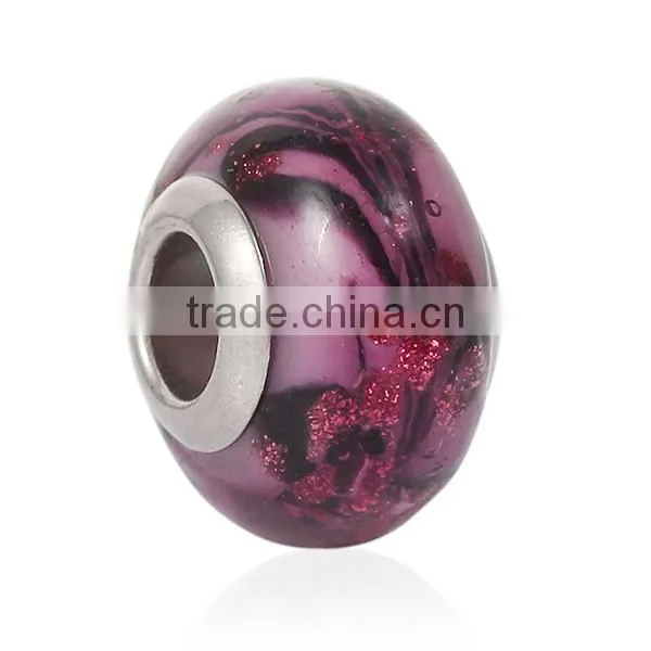 Lampwork Glass European Style Large Hole Beads Round Red Brown Pattern With 304 Stainless Steel Silver Tone Core