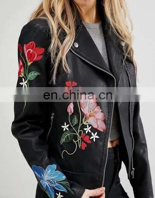 2017 Fashion factory price ladies embroider jacket women clothing pu/polyester leather jacket