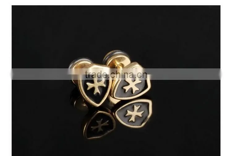 Men's titanium steel stud earrings golden shield cross mini earrings punk style design