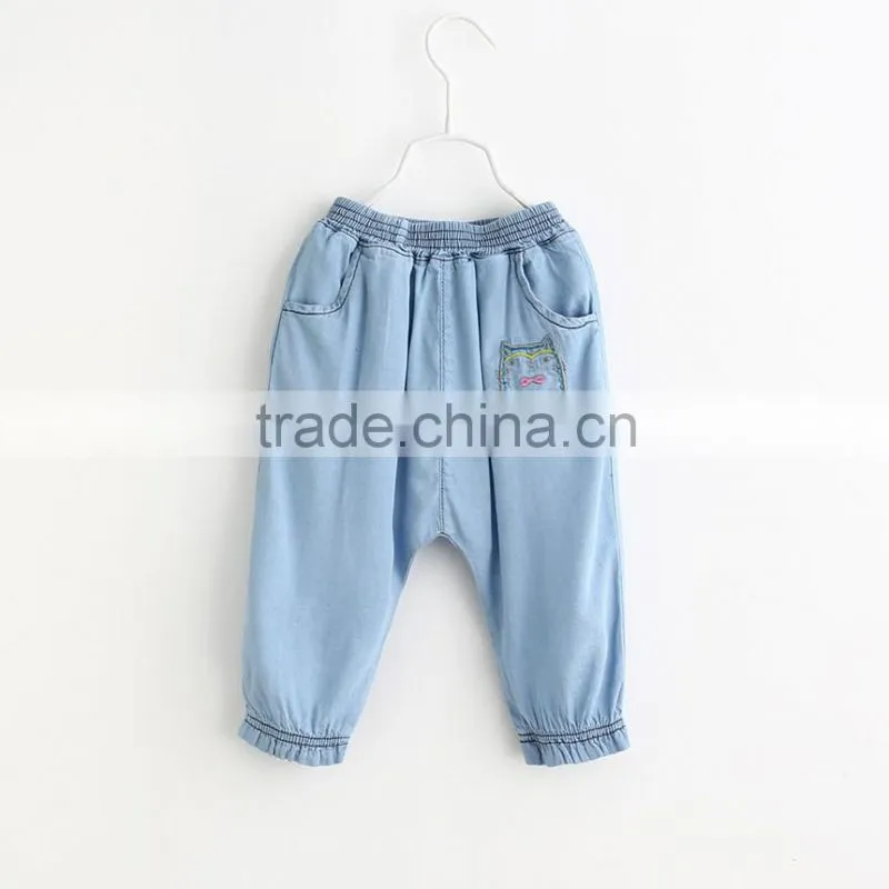 Girls Jeans 2016 Spring New Style Haroun Pants Kitten Embroider Closed Foot Trousers Kids Pants