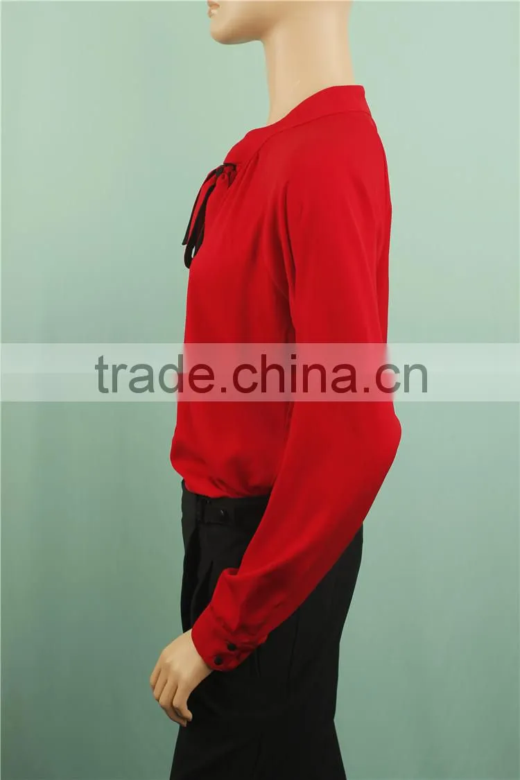 2016 A/W red color bow tie women long sleeve t shirt