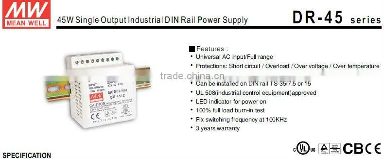 Mean Well 45W 5V Industrial DIN Rail Power Supply DR-4505