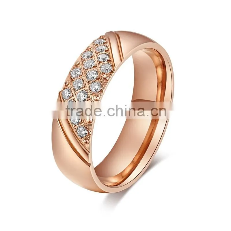 stainless steel rose gold pave setting cubic zirconia dimond ring