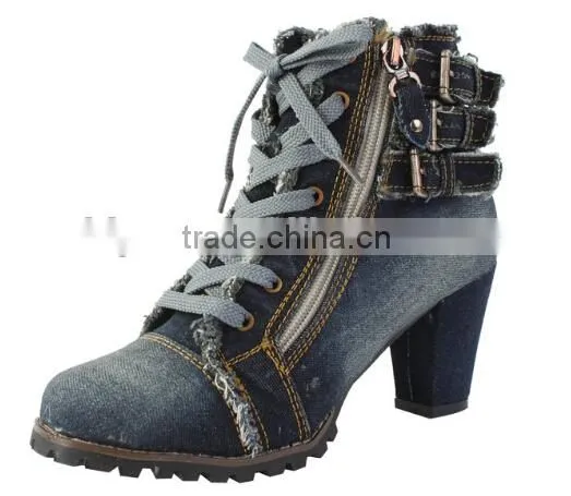 Lady Sexy Shoes,Women's Denim Canvas Zipper High Heel High Top Wedge Shoe Boot