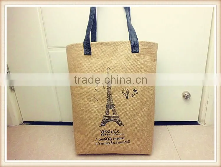 Fashion lady jute shopping bag with PU handle