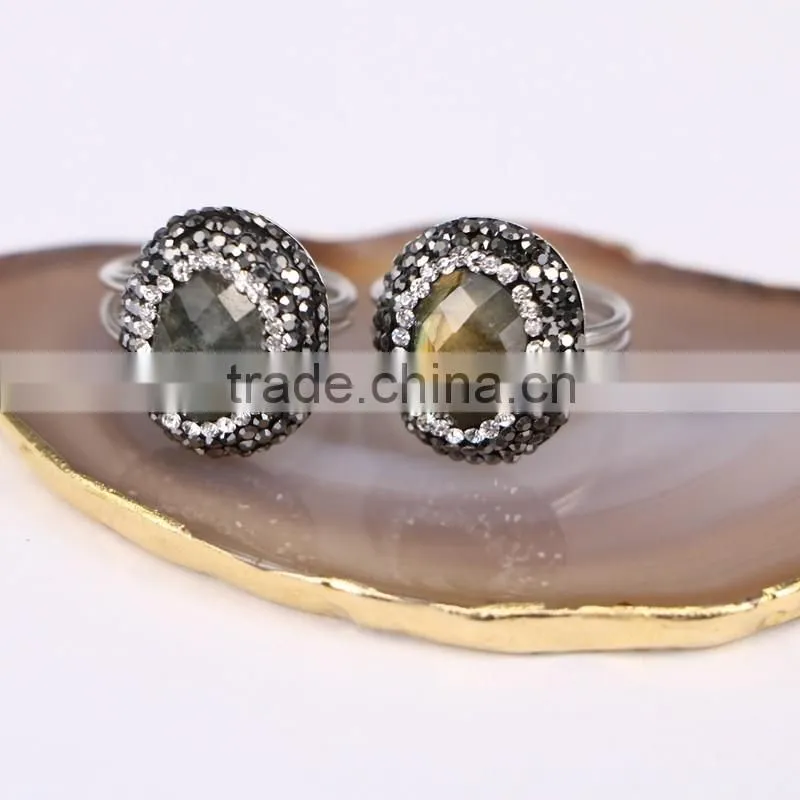 Natural Labradorite Ring, Metal Plated Silver Ring, Pave Setting Crystal Jewelry Finger Druzy Gem stone Ring
