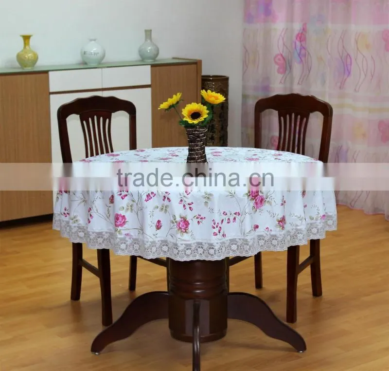 2016 newest flower printed pattern pvc/peva vinyl tablecloth/cover with waved/lace edge