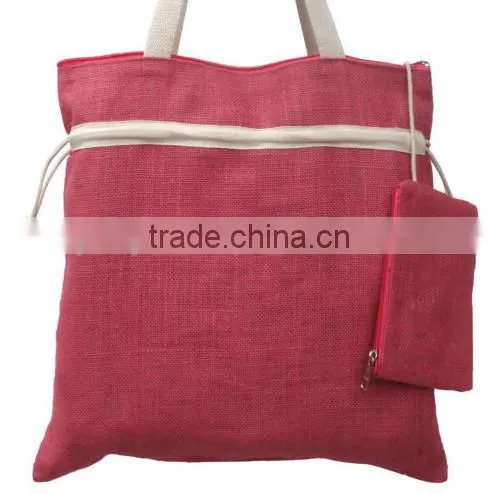 Drawstring Shopping Jute Bag with Strap Handle and Attached Coin Purse