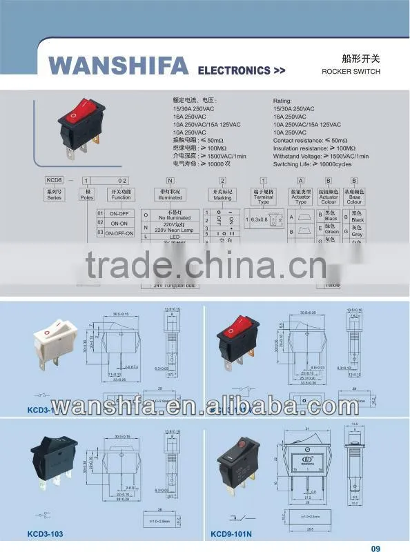 spst 3pins 125V AC 250V AC rocker switch