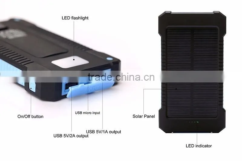 Waterproof 10000mah mini portable solar charger cell phone with camping light and compass