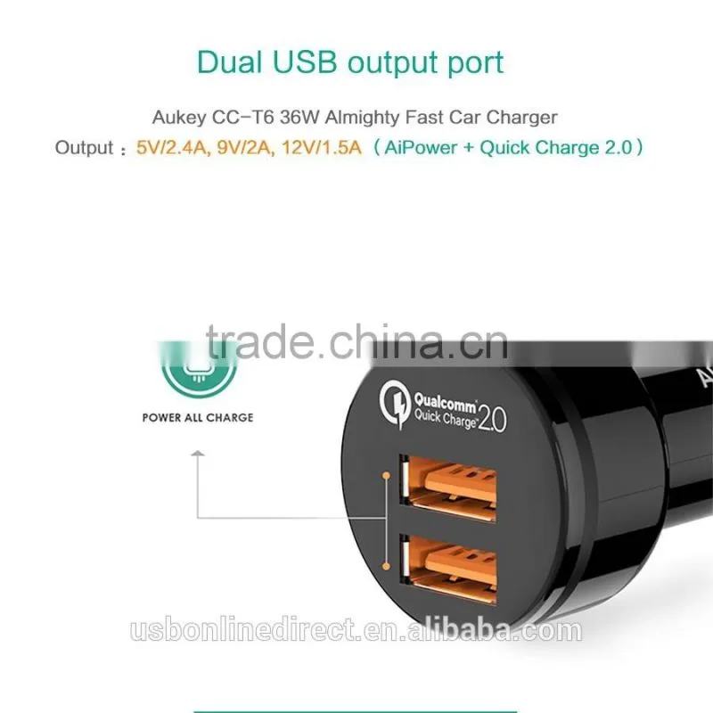 Aukey Quick Charge 2.0 Car charger 36W 2 Ports USB 12V/1.5A 9V/2A 5V/2.4A