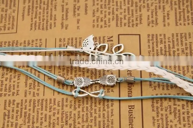 Fashion Vintage Leaf bird Infinity Cross Owl leather bracelet Multilayer leather bracelet