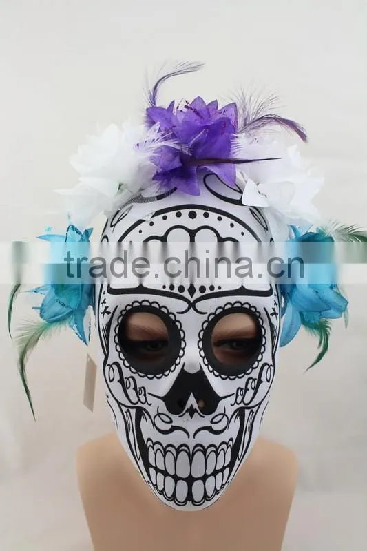Mask Halloween Day of the Dead Mask With Feather and Flower , White Multi, One-Size
