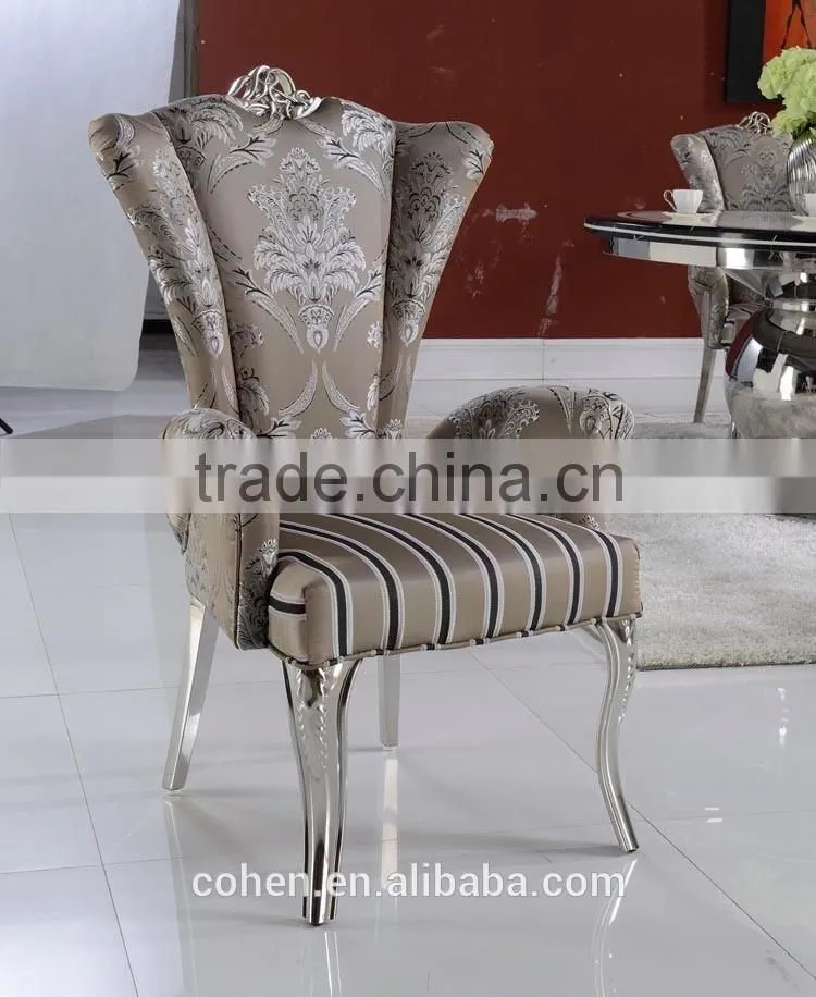 2016 Hot sale elegant high back stainless steel metal reception chair/leisure chair/dining chair with patterned fabric covered