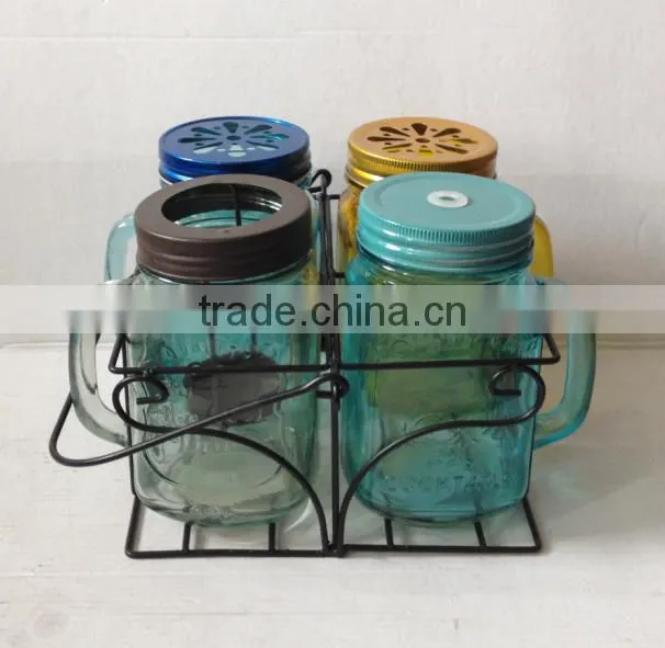 2 pcs glass mason mug cup set with handle and iron stand