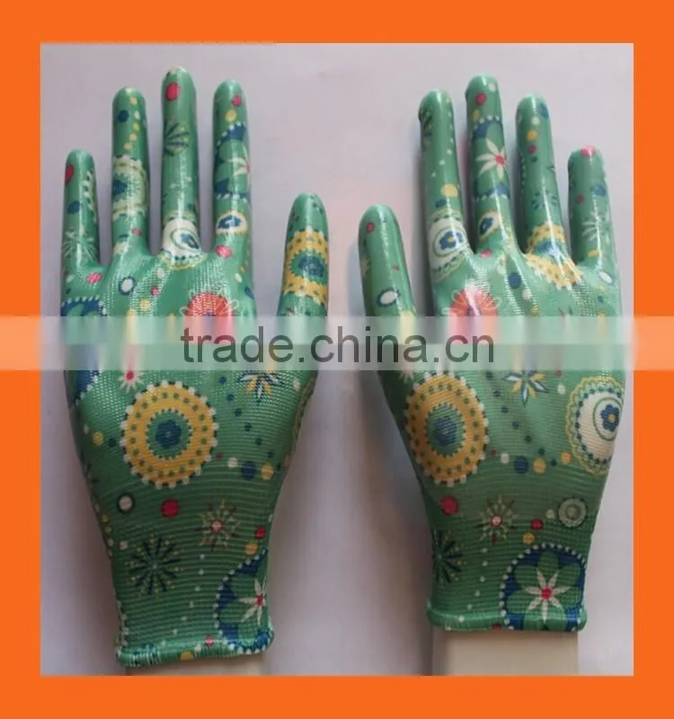 Printed Liner Ladies Garden Gloves Thin Lightweight Nitrile Gloves Flower Nitrile Work Gloves