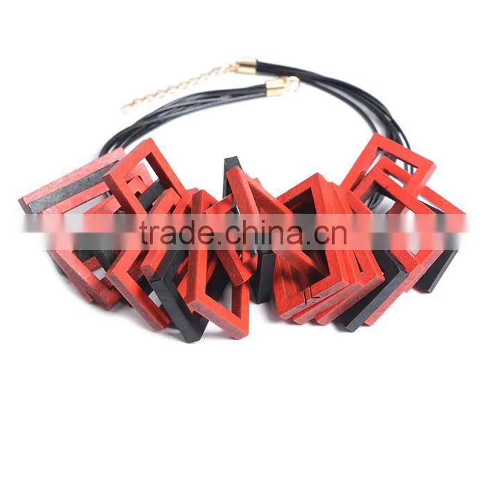 red black wooden square pendant choker necklace geometric wood choker necklace Korea wax cord choker necklace